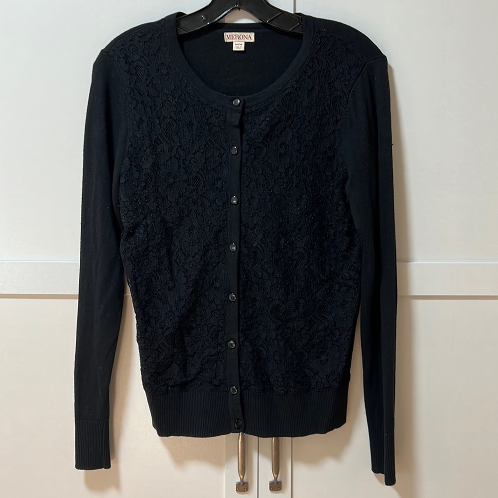 Merona Black Long Sleeve Cadigan with Lace Detail Front